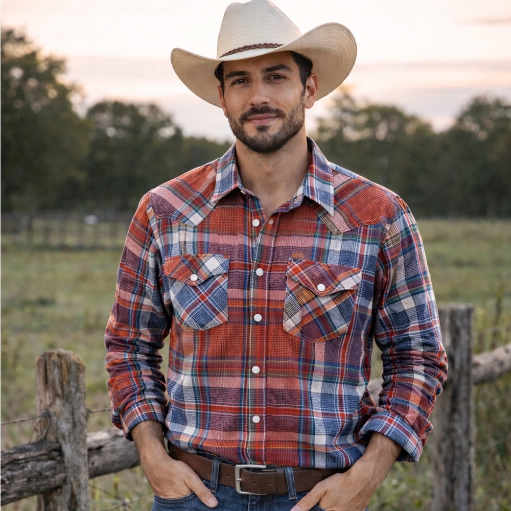 Wrangler Red and Blue Casual Pearl Snap Button Down Shirt